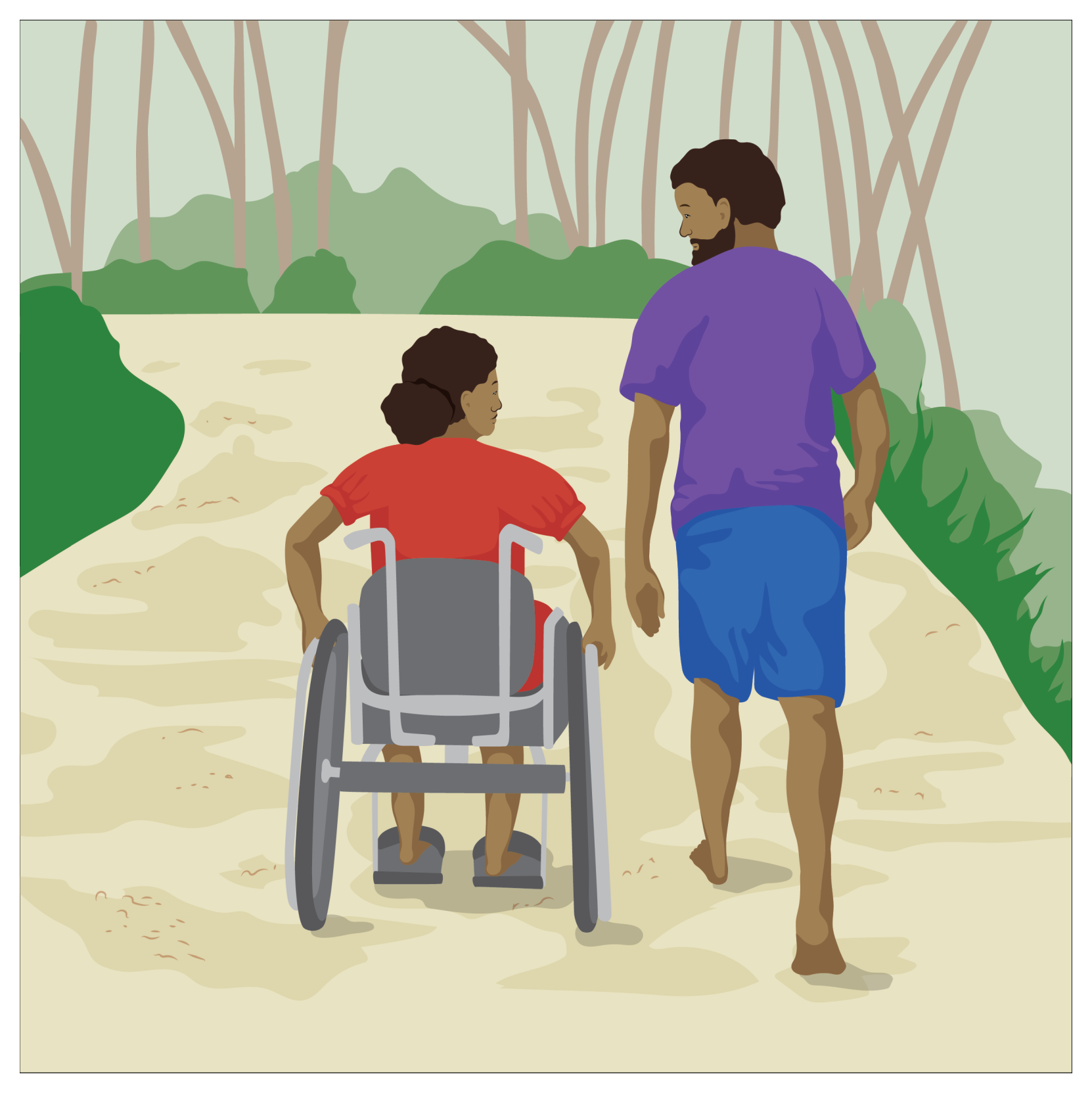 A woman pushes her wheelchair down the path, a man walks next to her