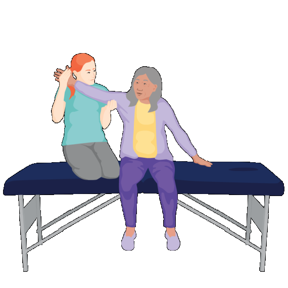 a woman is sitting on a plinth while a health worker assists her to stretch her arm