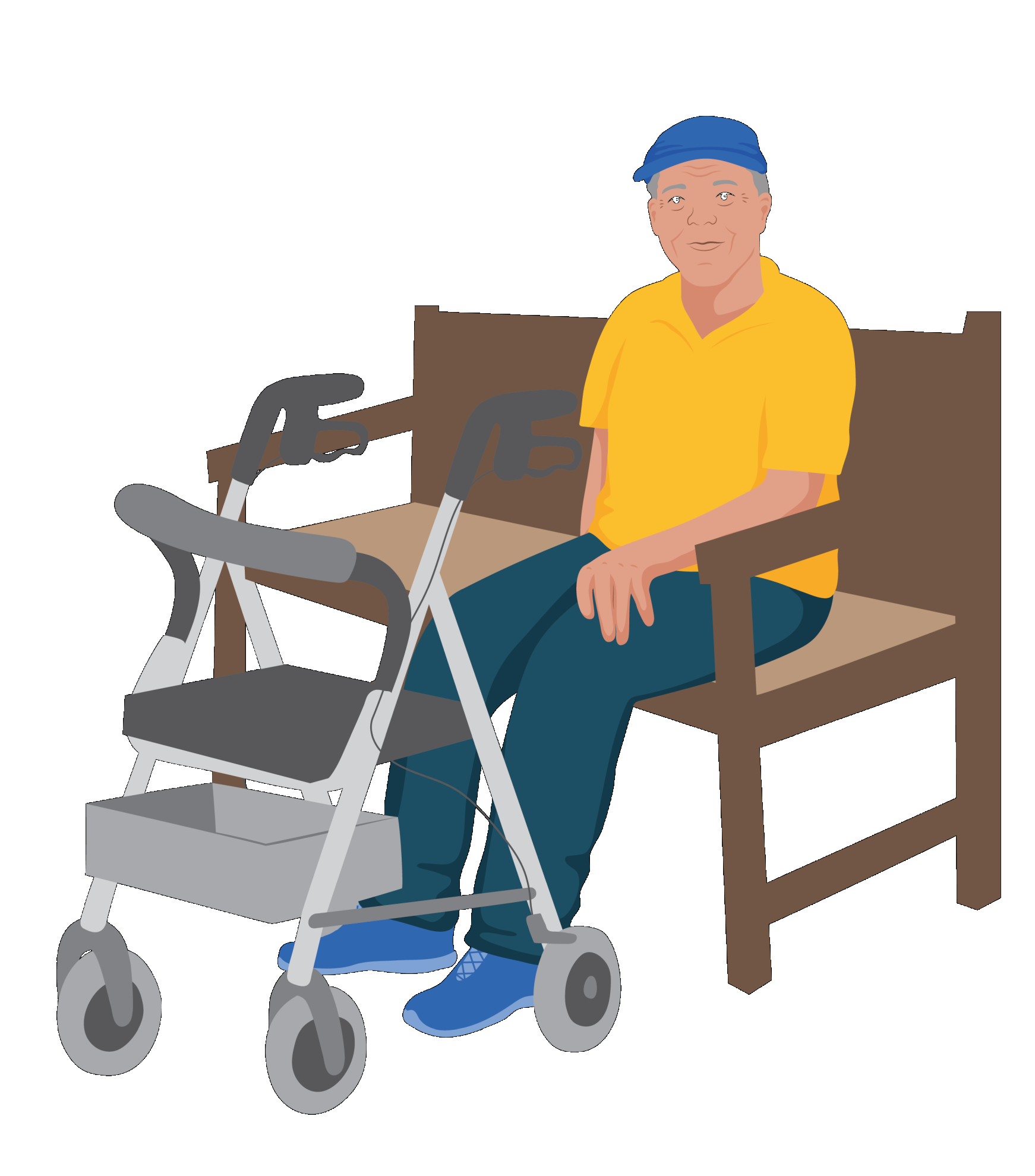 A man sitting on a wide bench with his rollator in front of him. He has grey hair and looks like an older person