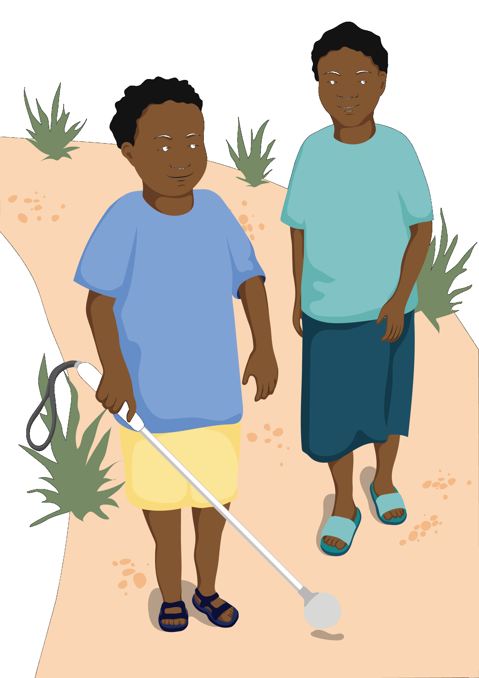 A young boy is using a white cane to walk to school with a friend