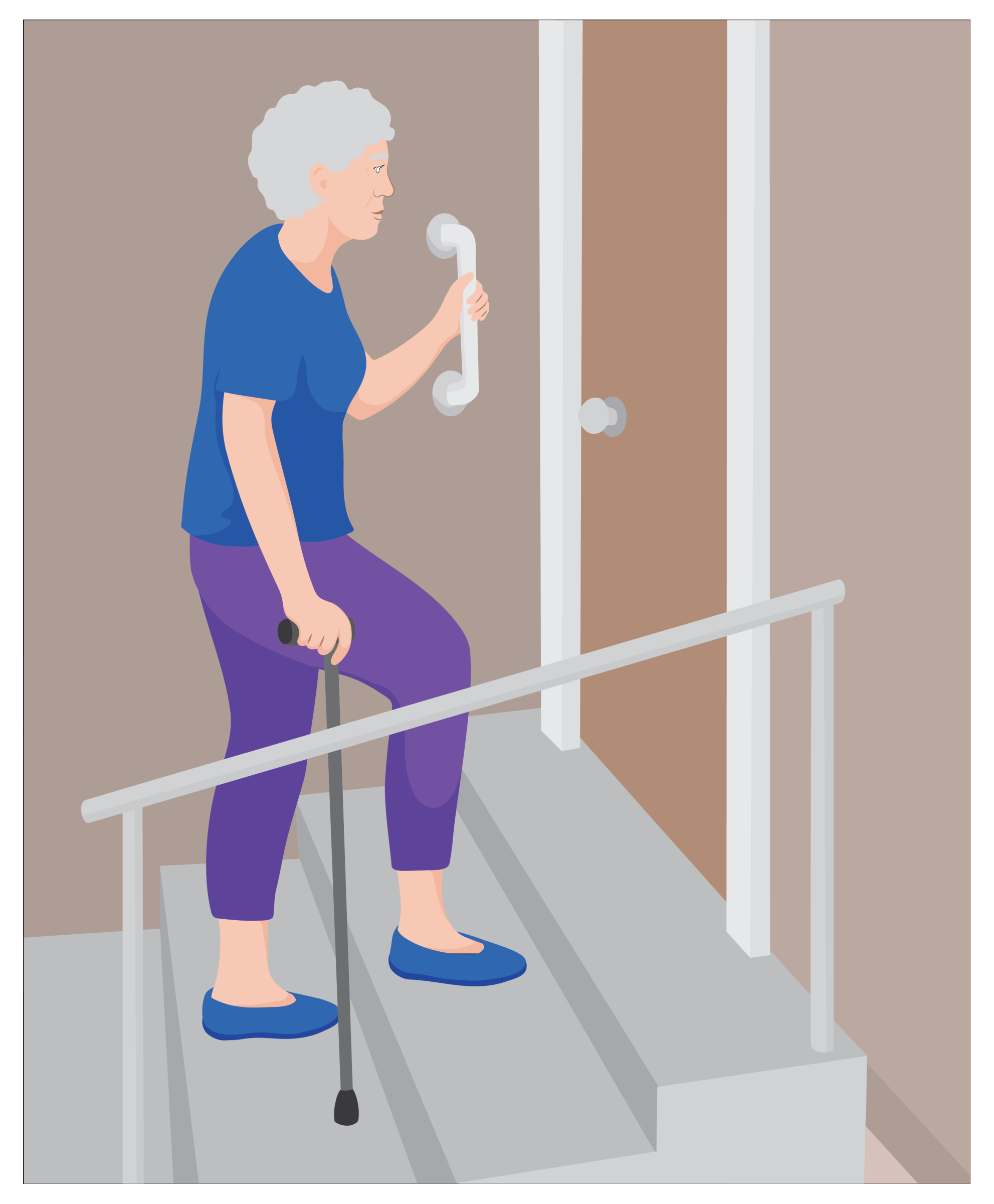 A woman walks upstairs using a walking stick in her right hand. She holds a grab bar on the wall with her right hand to suppo