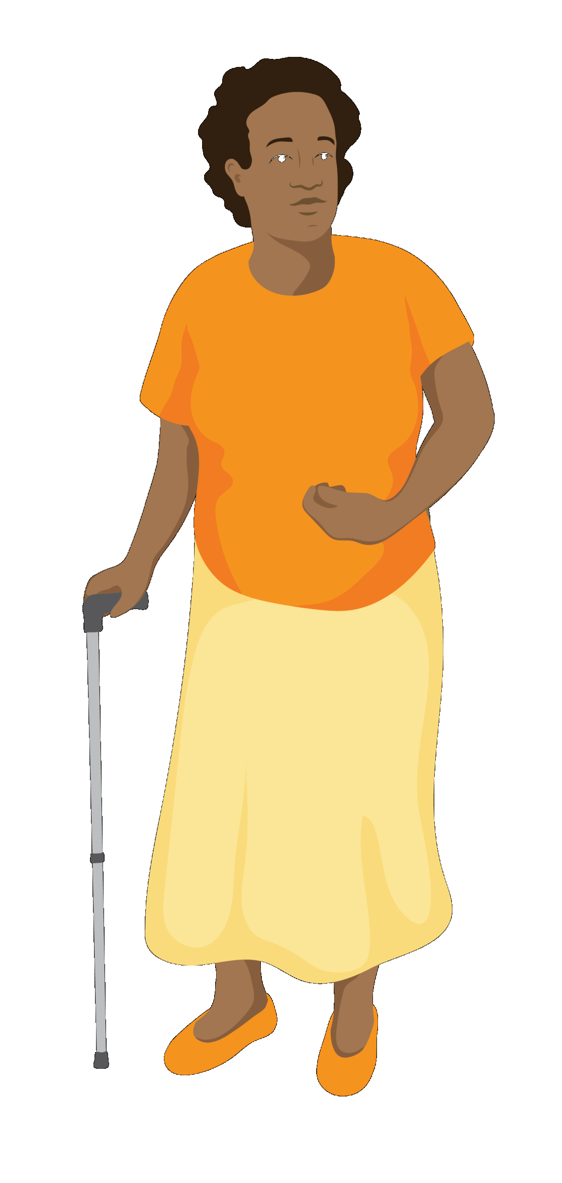 Aida stands with her walking stick. Her left arm is curled in towards her body