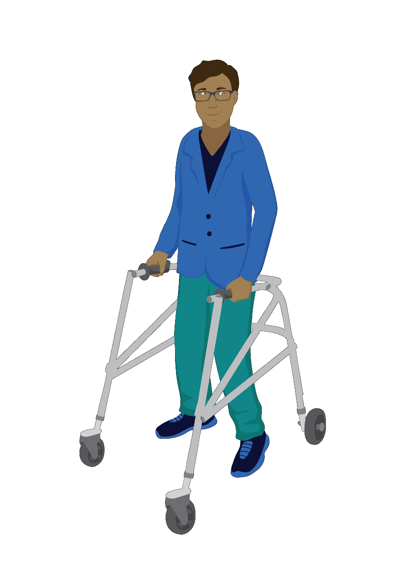 Levi standing with a posterior walker; a walking frame with wheels that supports him from behind