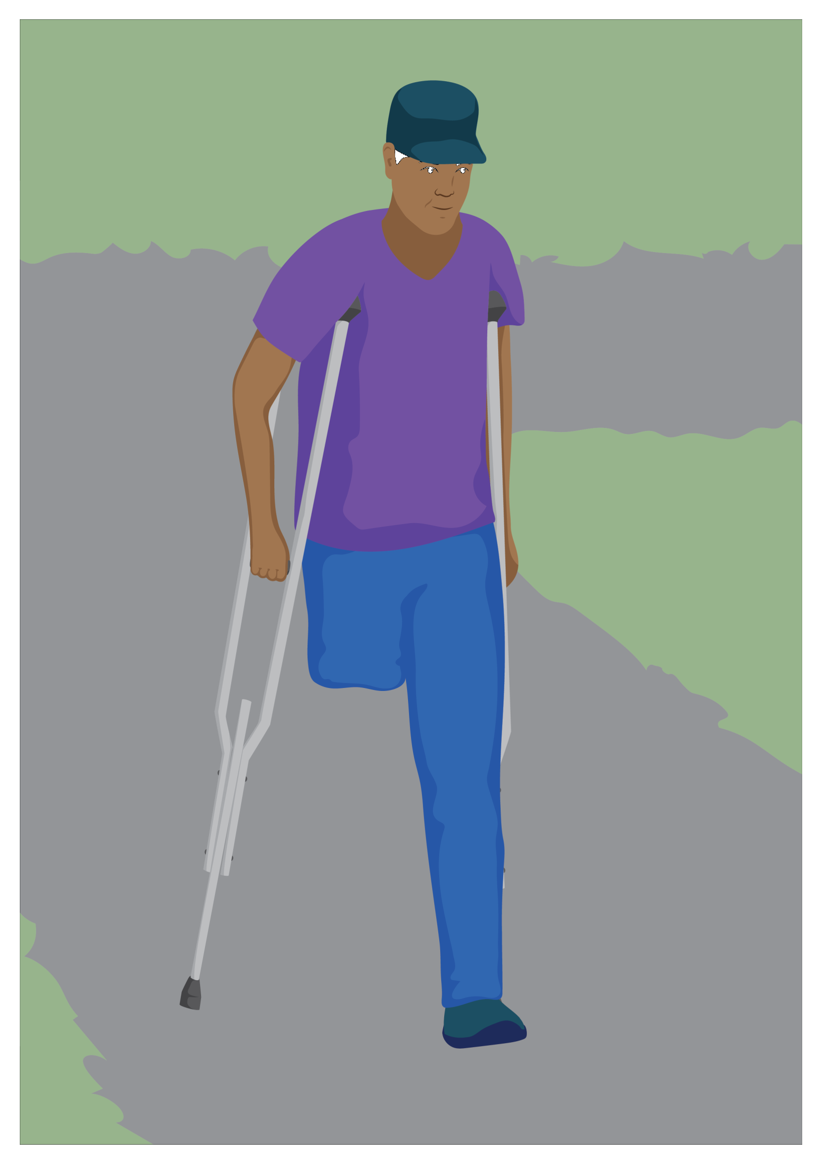 Ruhan is walking with two axilla crutches. He has an amputation of his right leg above the knee