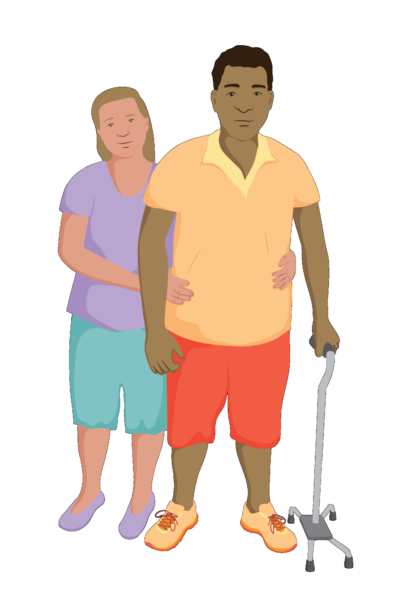 a man standing with a four point walking stick, being assisted by a health worker