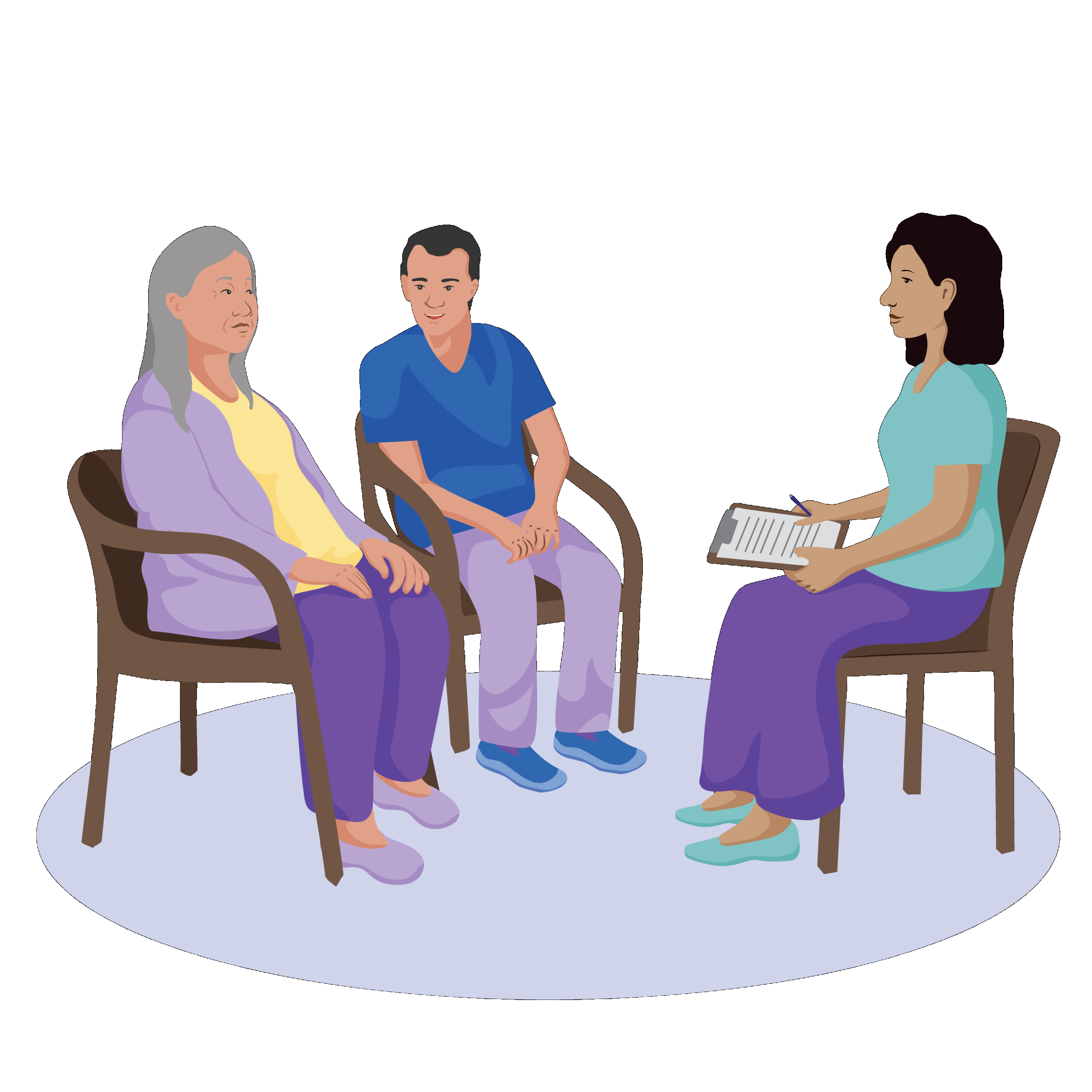 An older woman and her son are seating, talking to a health worker