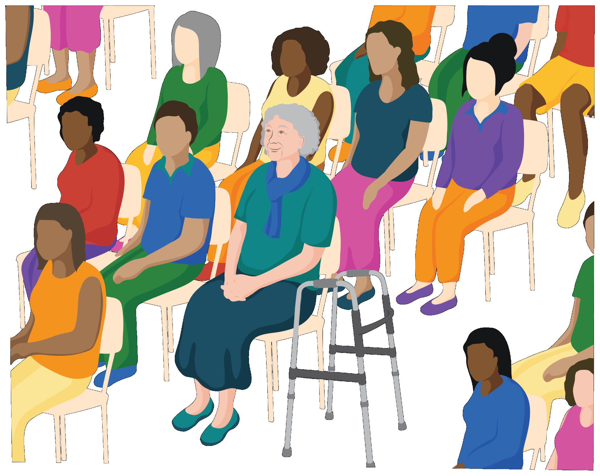 A woman sits in a community meeting. Her walking frame is next to her